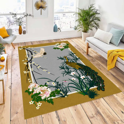 Vintage Peacock Chinoiserie Floral Rug - Japanese Oriental