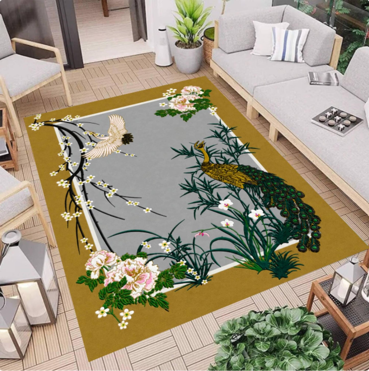 Vintage Peacock Chinoiserie Floral Rug - Japanese Oriental
