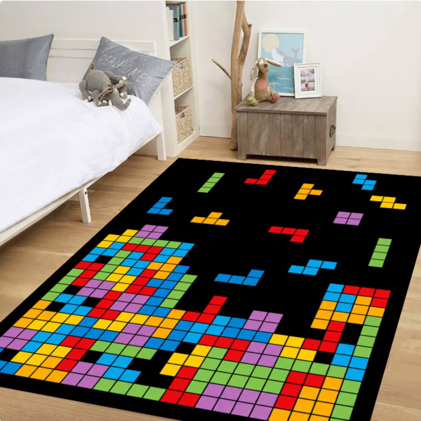 Retro Block Puzzle Arcade Gaming Rug - Colorful Pixel Art Washable