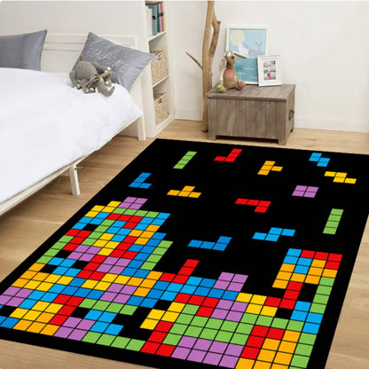 Retro Block Puzzle Arcade Gaming Rug - Colorful Pixel Art Washable