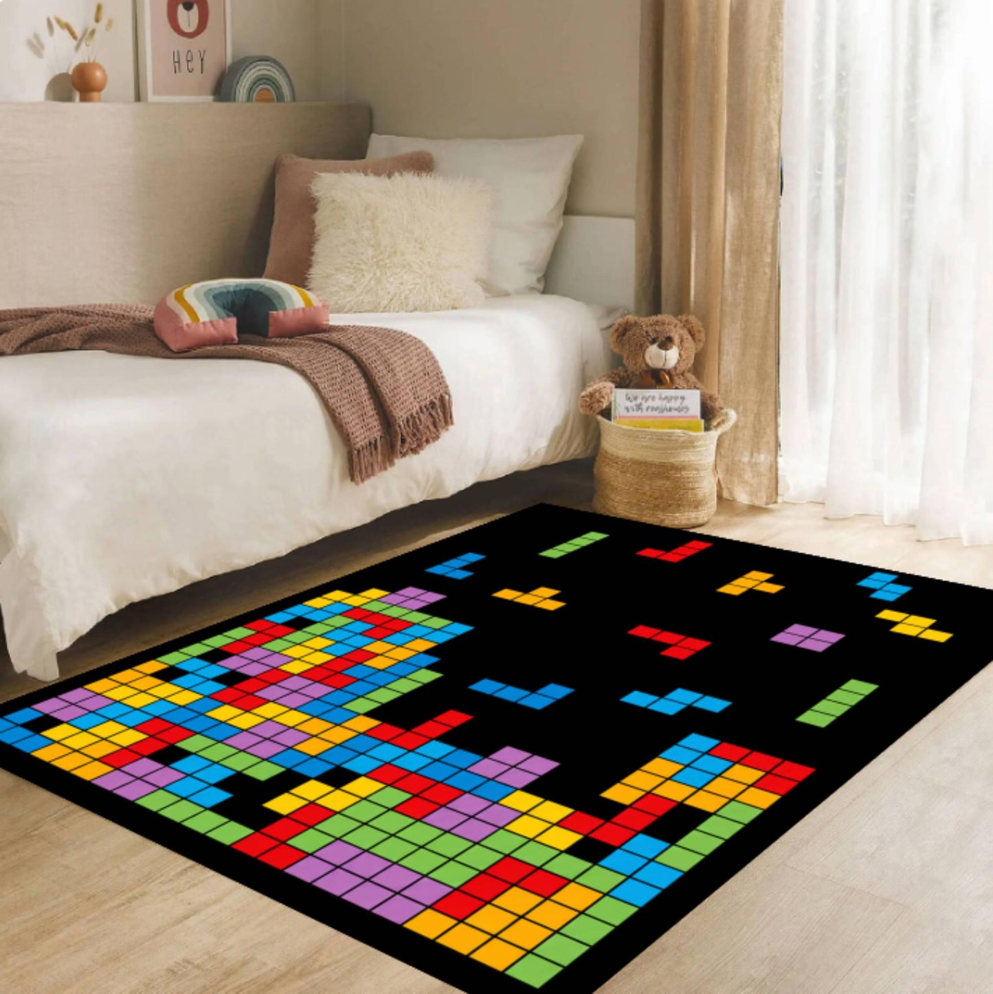 Retro Block Puzzle Arcade Gaming Rug - Colorful Pixel Art Washable