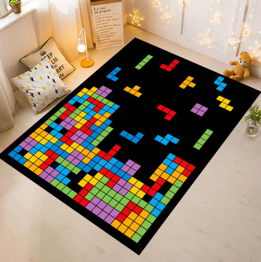 Retro Block Puzzle Arcade Gaming Rug - Colorful Pixel Art Washable