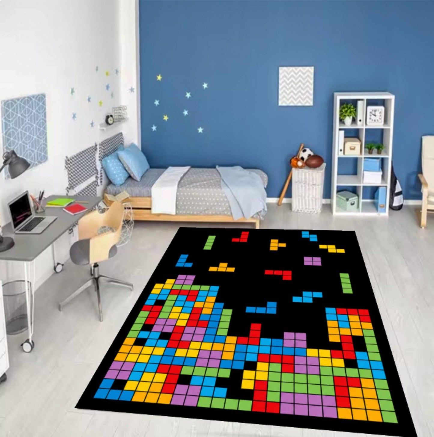 Retro Block Puzzle Arcade Gaming Rug - Colorful Pixel Art Washable