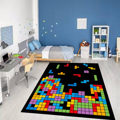 Retro Block Puzzle Arcade Gaming Rug - Colorful Pixel Art Washable