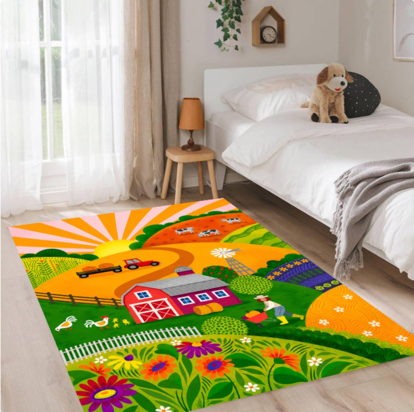 Colorful Kids Farm Rug - Washable Non-Slip Playroom Rug