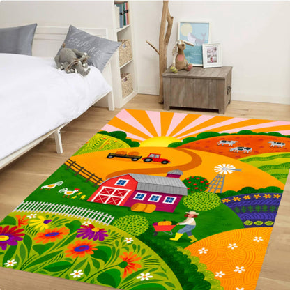 Colorful Kids Farm Rug - Washable Non-Slip Playroom Rug