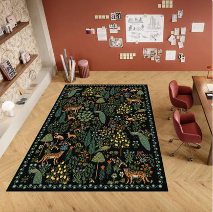 Washable Maximalist Botanical Jungle Animal Rug with Leopard Pattern