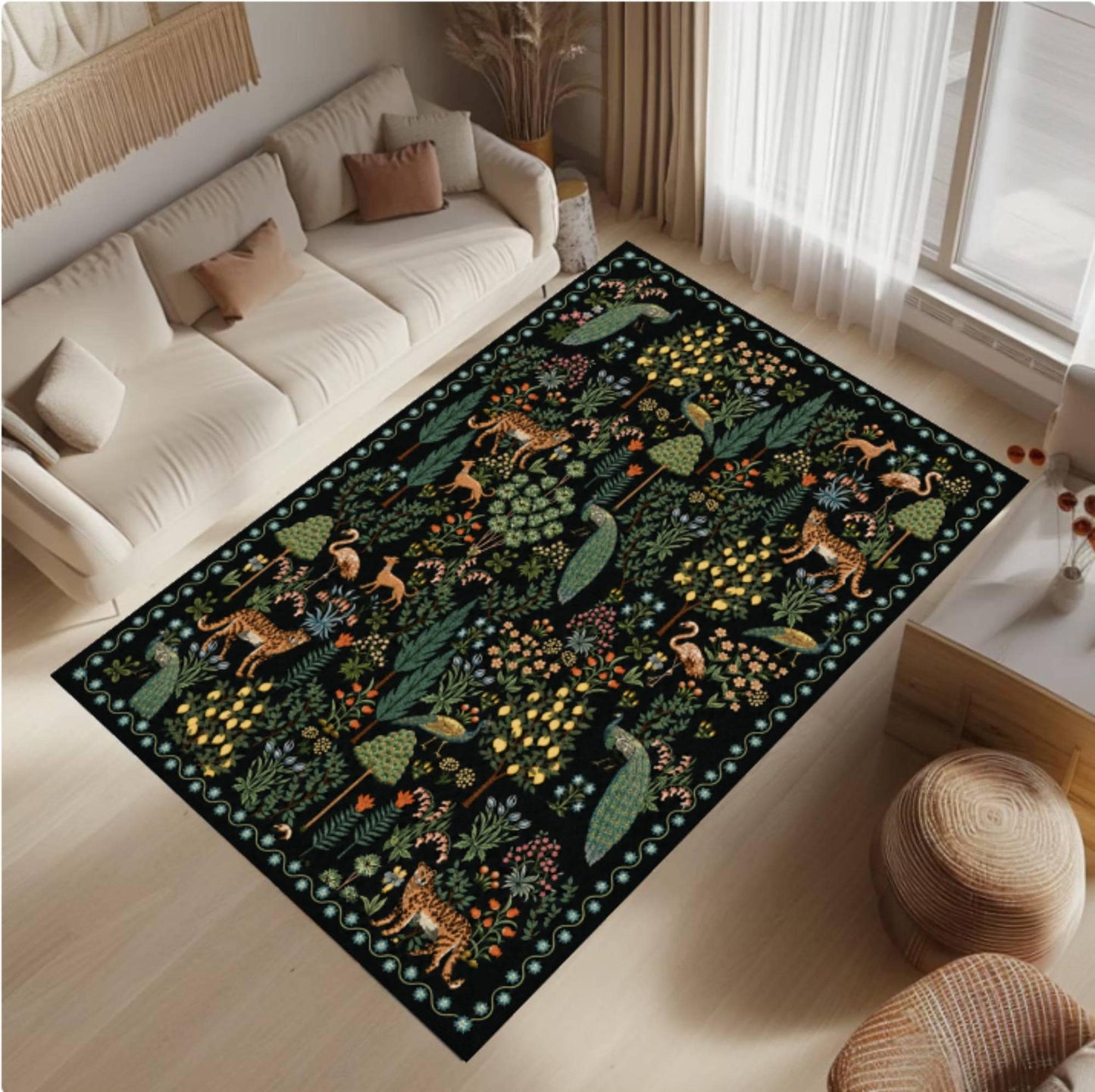 Washable Maximalist Botanical Jungle Animal Rug with Leopard Pattern