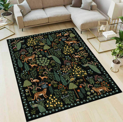 Washable Maximalist Botanical Jungle Animal Rug with Leopard Pattern