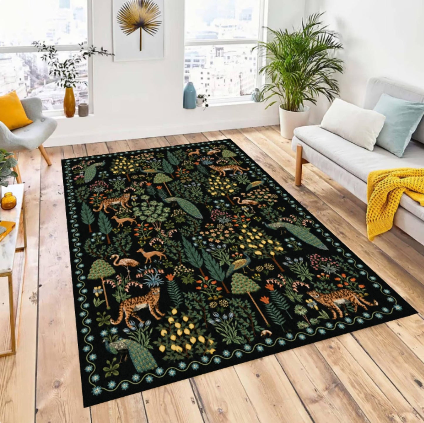 Washable Maximalist Botanical Jungle Animal Rug with Leopard Pattern
