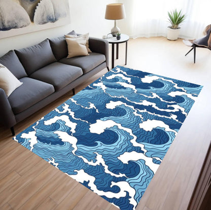 Japanese Ocean Wave Coastal in Deep Blue Area Rug