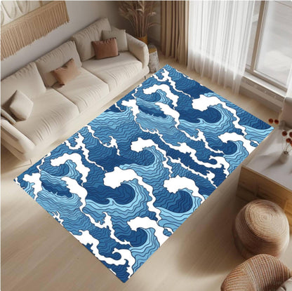 Japanese Ocean Wave Coastal in Deep Blue Area Rug