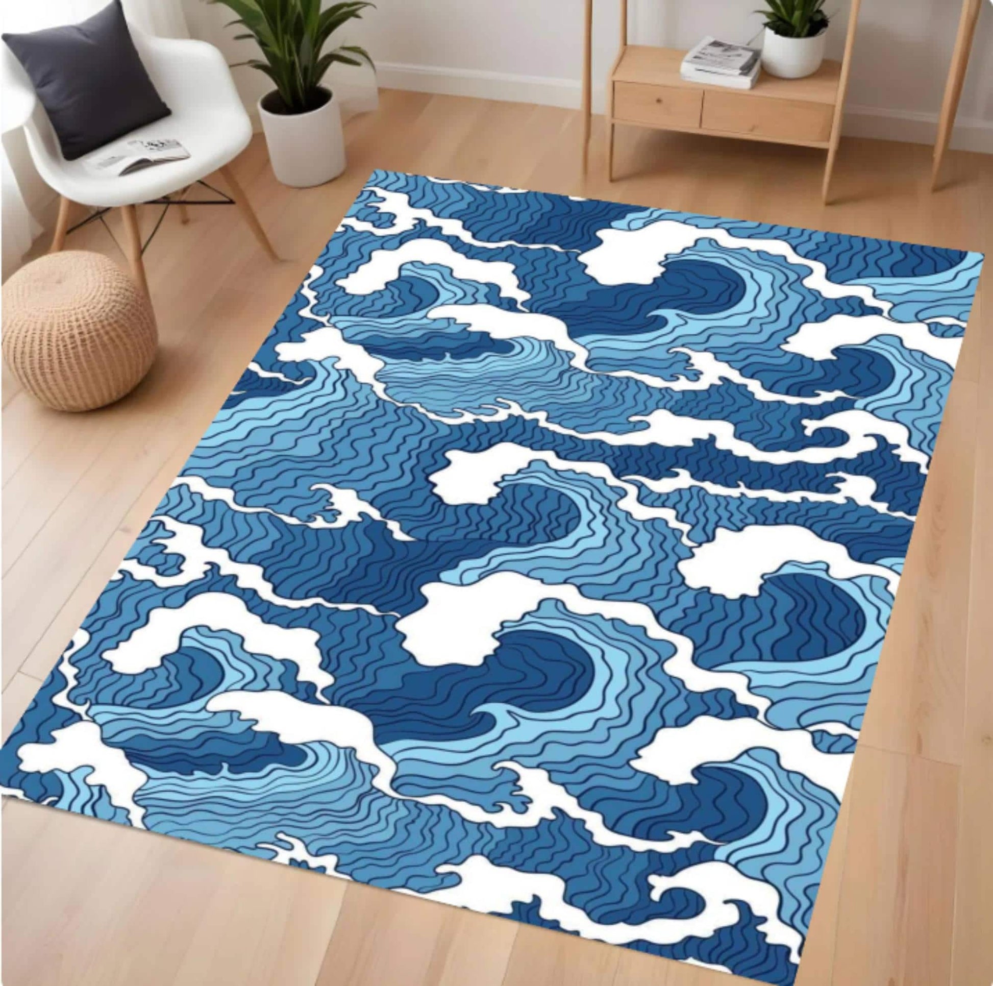 A rectangular area rug with a blue and white topographic wave pattern, displayed on a light wood floor in a modern living room setting.