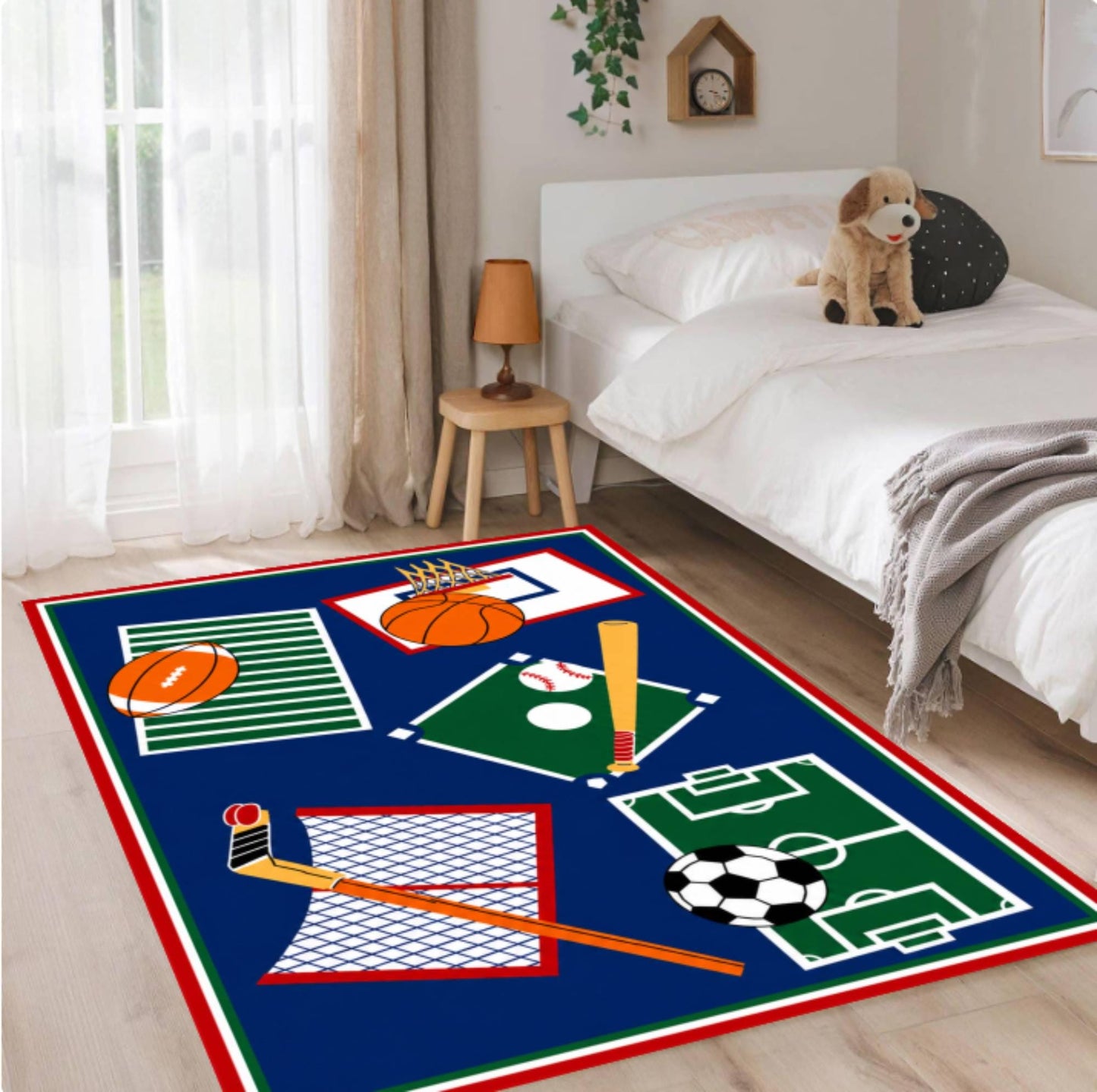 Kids Soccer Sports Area Rug – Washable Non-Slip Playroom & Boys Bedroom Carpet