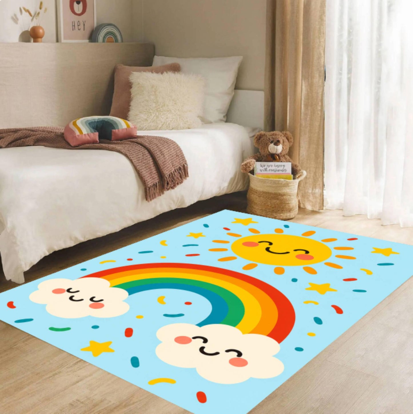 Rainbow Kids Rug Cute Washable Non-slip Playroom Rug