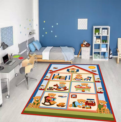Cute Teddy Bear House Nursery Rug Washable