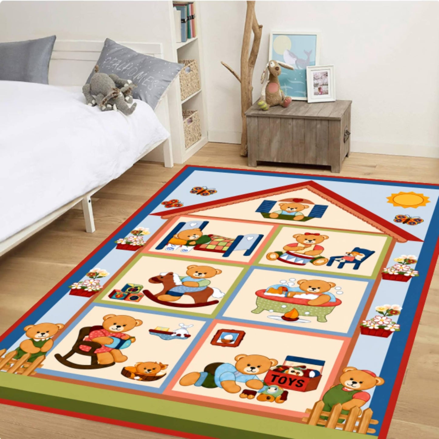 Cute Teddy Bear House Nursery Rug Washable