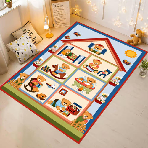 A rectangular nursery rug featuring a house outline and teddy bear illustrations in a nursery room setting.