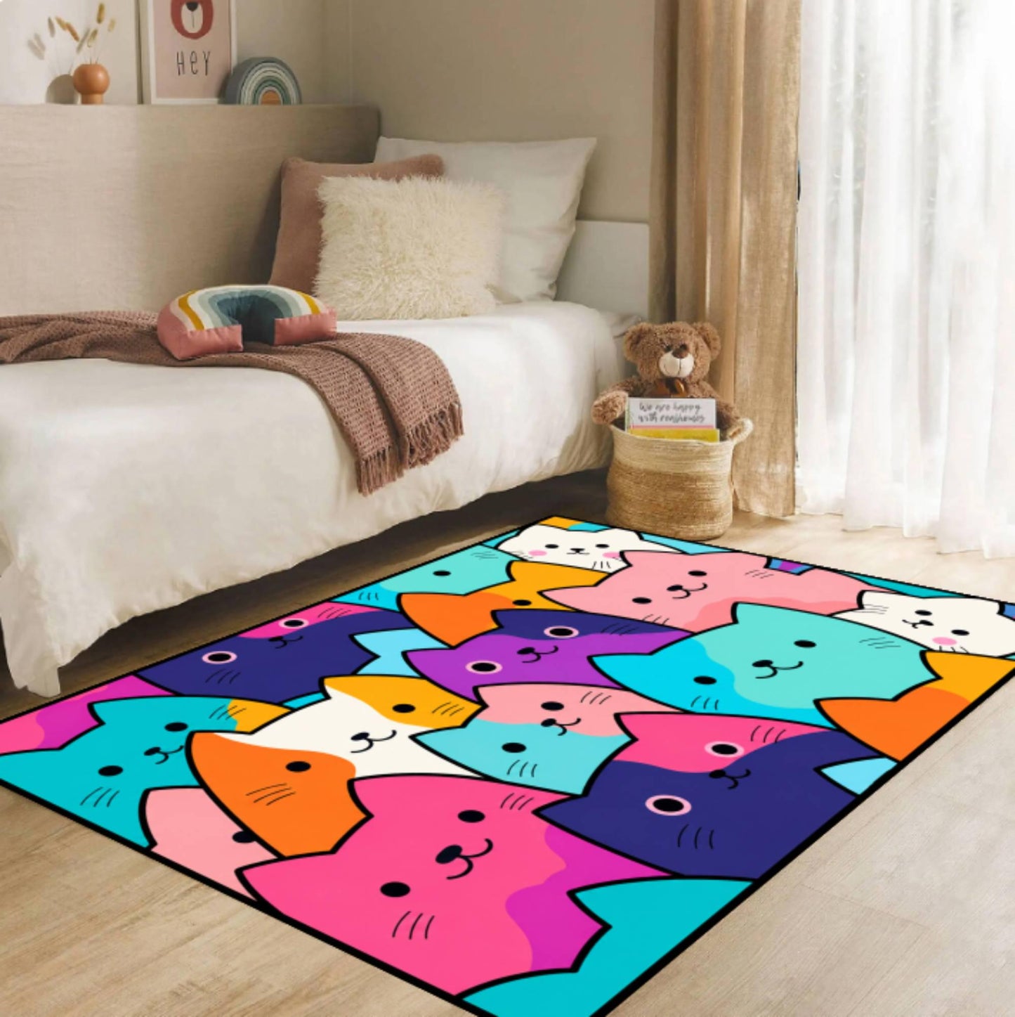 Fun Kattenkleed Kawaii Kattenspeelkamertapijt Washable Non-slip Kids Rug Colorful Bedroom