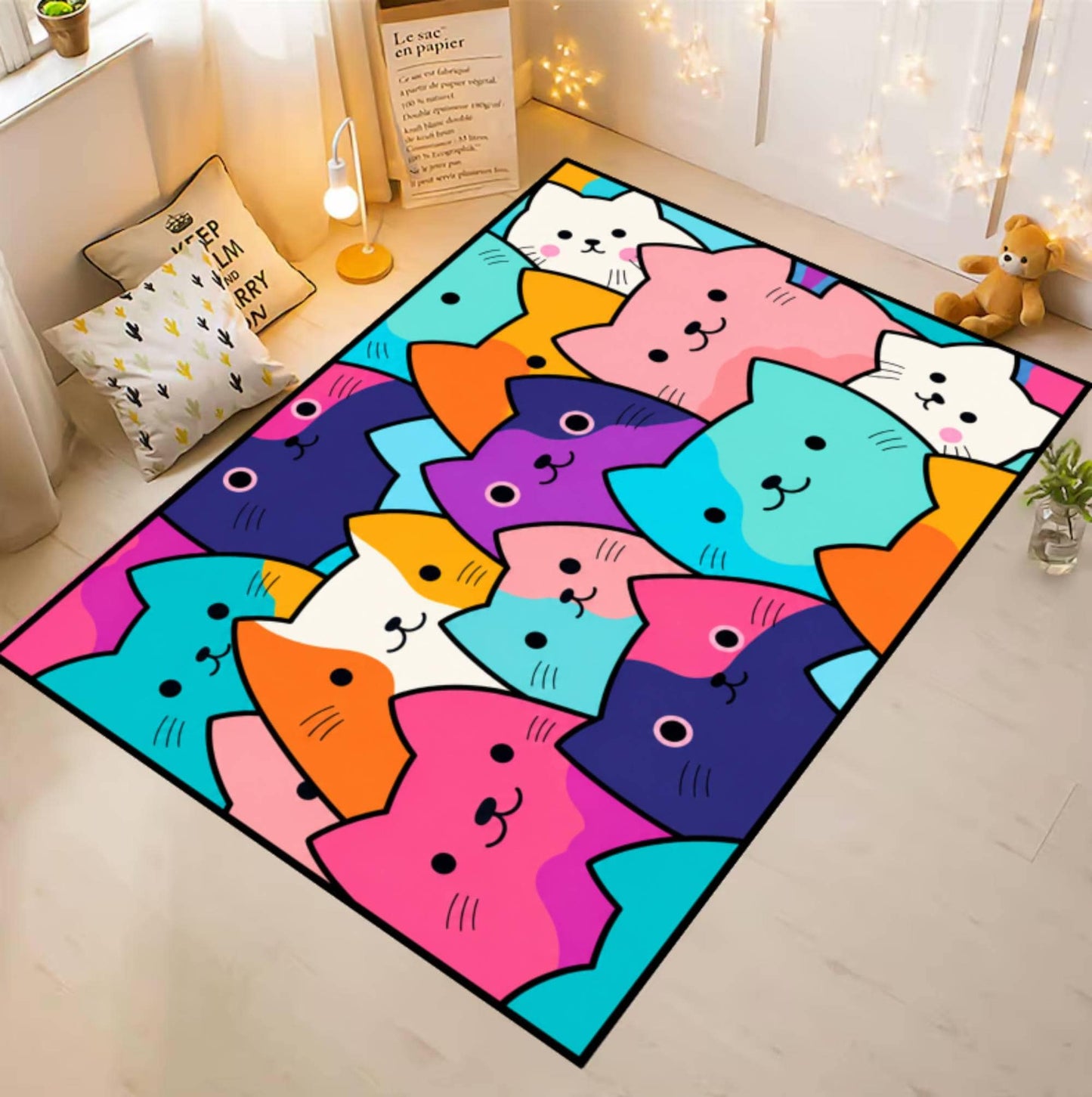 Fun Kattenkleed Kawaii Kattenspeelkamertapijt Washable Non-slip Kids Rug Colorful Bedroom