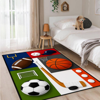 Multi-Sport Kids Rug – Soccer, Basketball & Sports Bedroom Decor