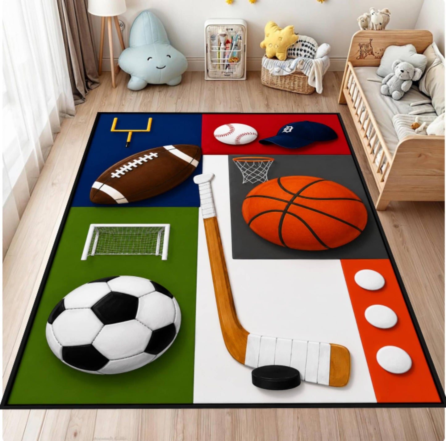 Multi-Sport Kids Rug – Soccer, Basketball & Sports Bedroom Decor