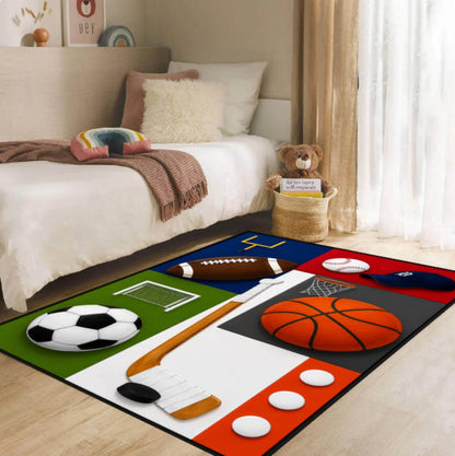 Multi-Sport Kids Rug – Soccer, Basketball & Sports Bedroom Decor