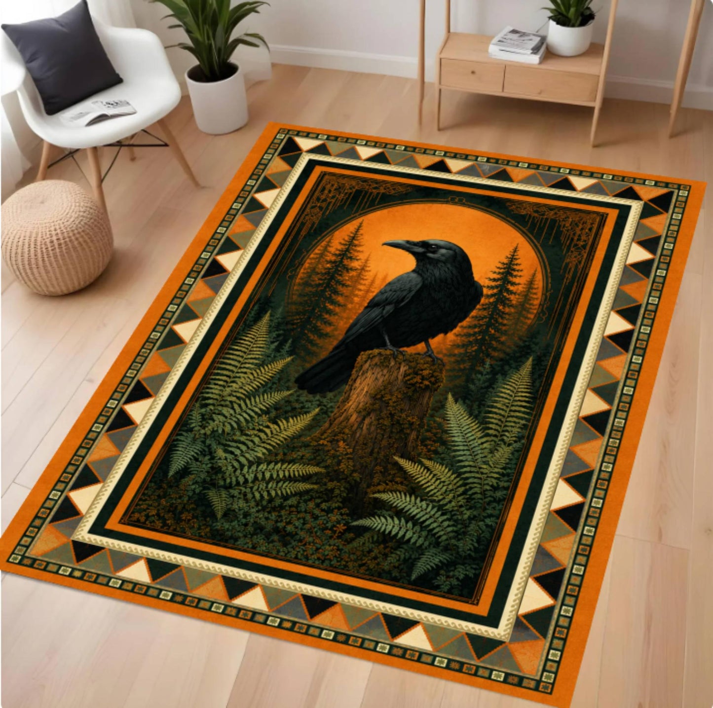 A rectangular area rug with a detailed graphic print of a black raven perched on a tree stump in a dark forest with ferns and an orange circular background, surrounded by a geometric patterned border. The rug is displayed on a light wood floor in a modern living room setting.