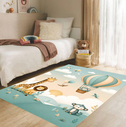 Hot Air Balloon Rug Safari Animals Pastel-colored Kids Rug