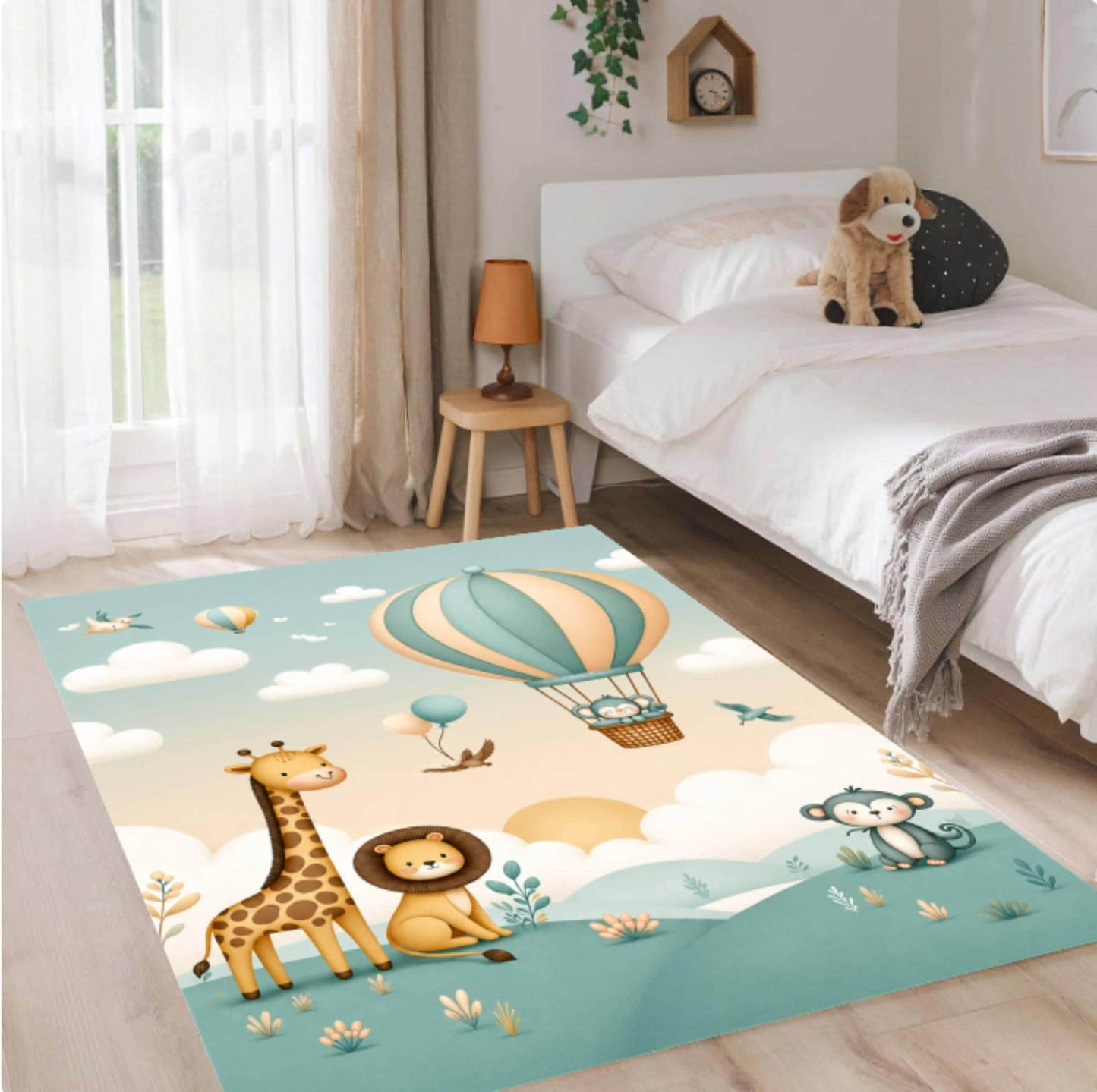 Hot Air Balloon Rug Safari Animals Pastel-colored Kids Rug