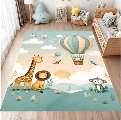 Hot Air Balloon Rug Safari Animals Pastel-colored Kids Rug