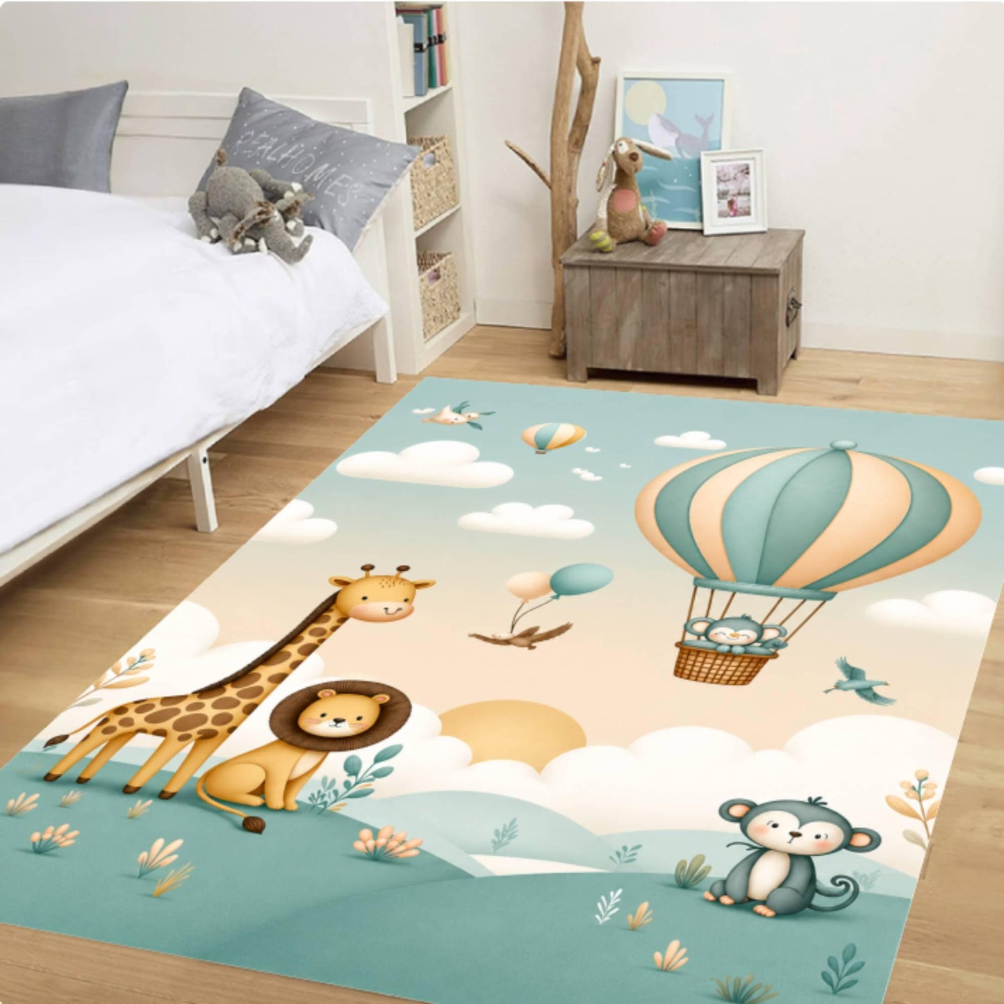 Hot Air Balloon Rug Safari Animals Pastel-colored Kids Rug