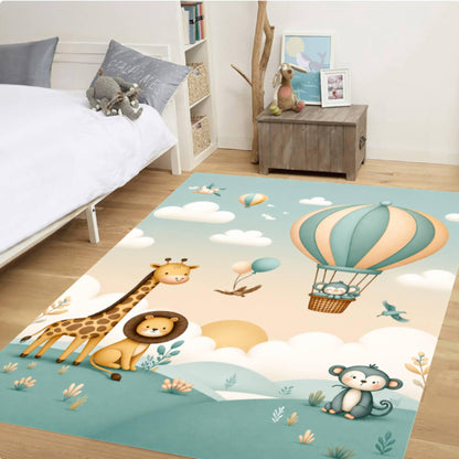 Hot Air Balloon Rug Safari Animals Pastel-colored Kids Rug