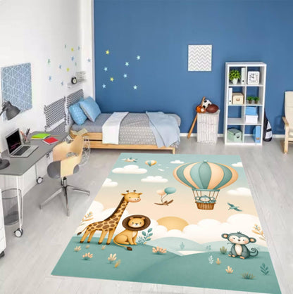 Hot Air Balloon Rug Safari Animals Pastel-colored Kids Rug