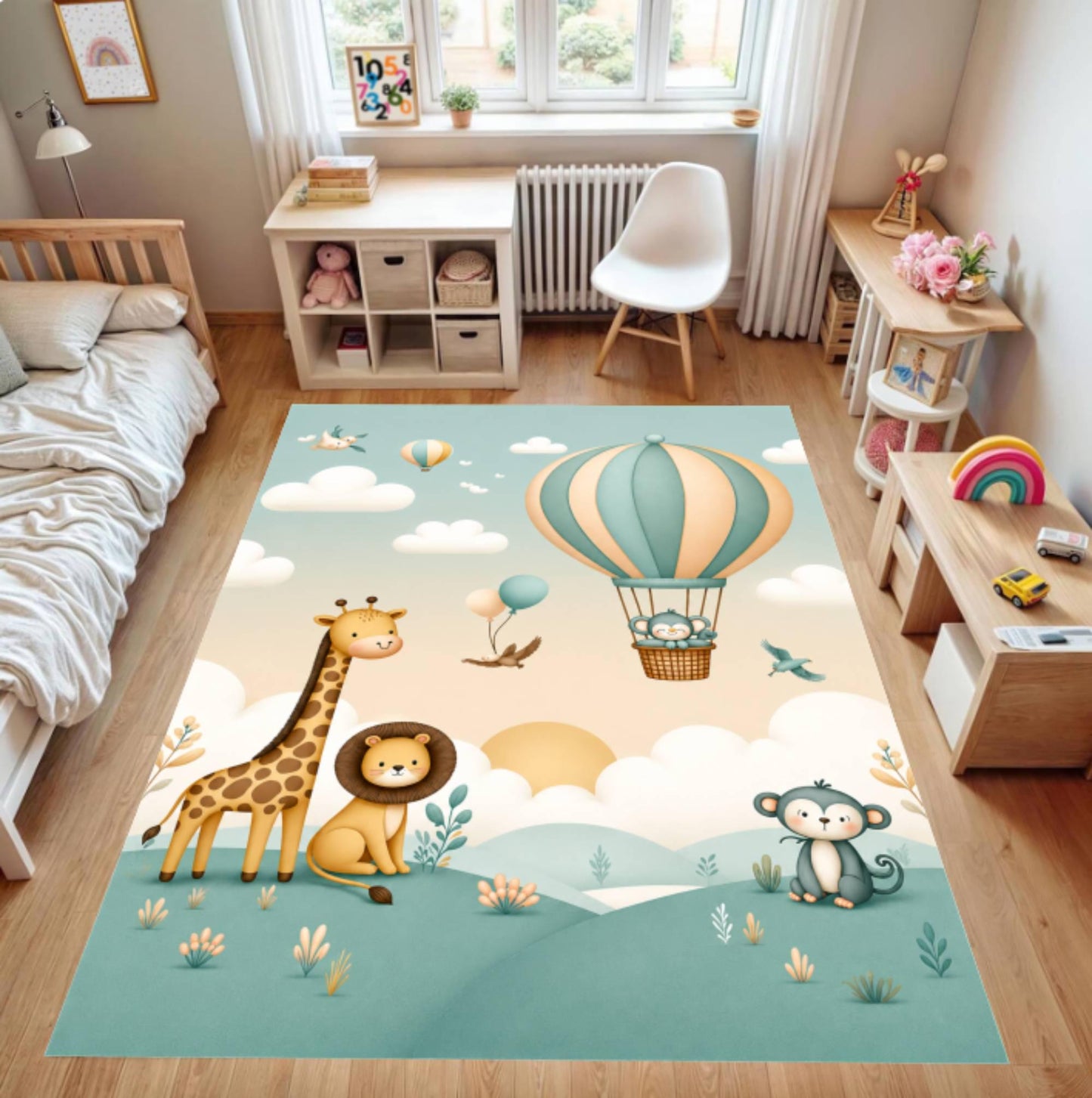 Hot Air Balloon Rug Safari Animals Pastel-colored Kids Rug