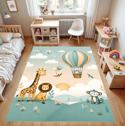 Hot Air Balloon Rug Safari Animals Pastel-colored Kids Rug