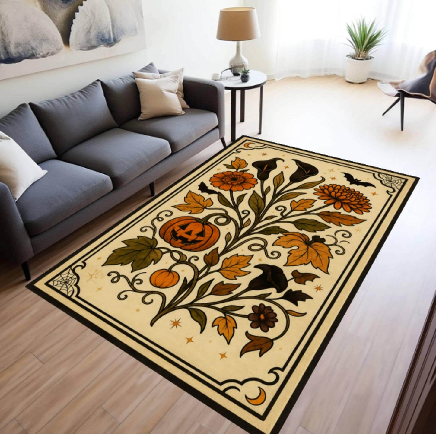 Halloween Pumpkin Rug Washable Non-slip Rug Gothic Floral Pattern Autumn