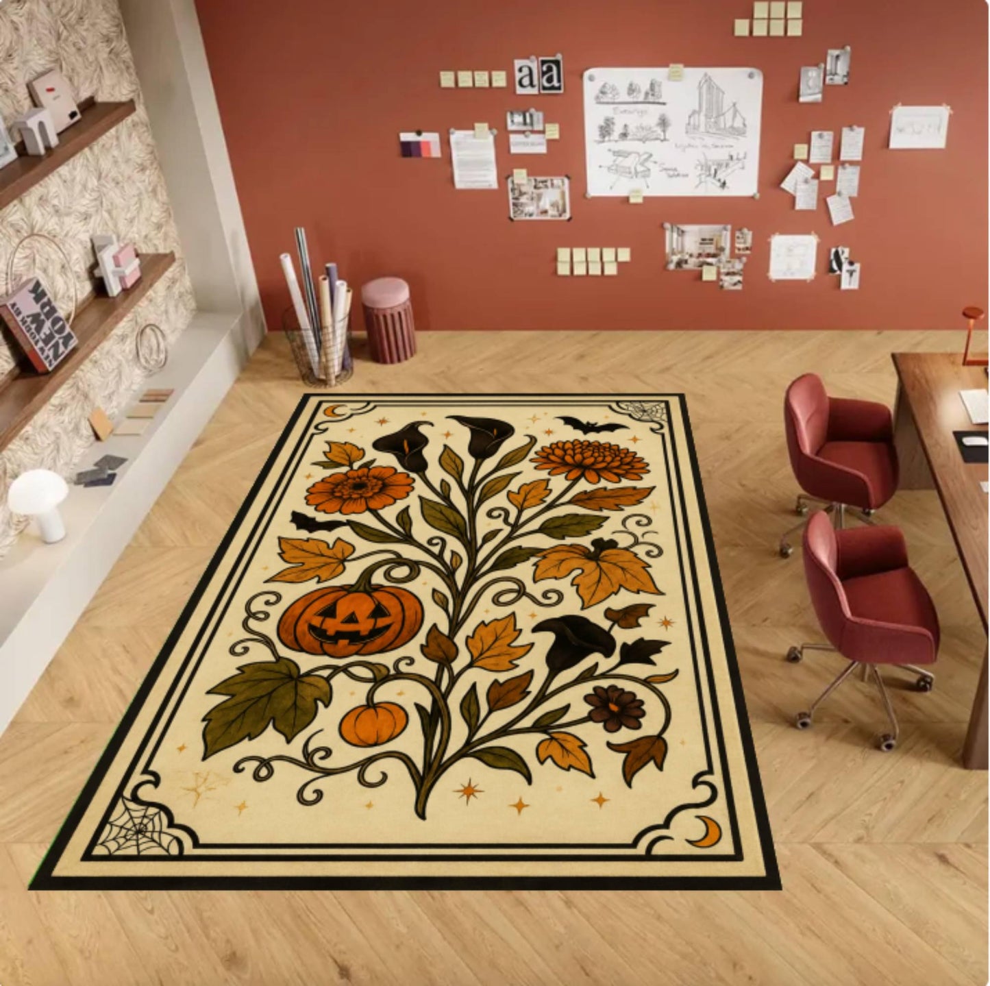 Halloween Pumpkin Rug Washable Non-slip Rug Gothic Floral Pattern Autumn