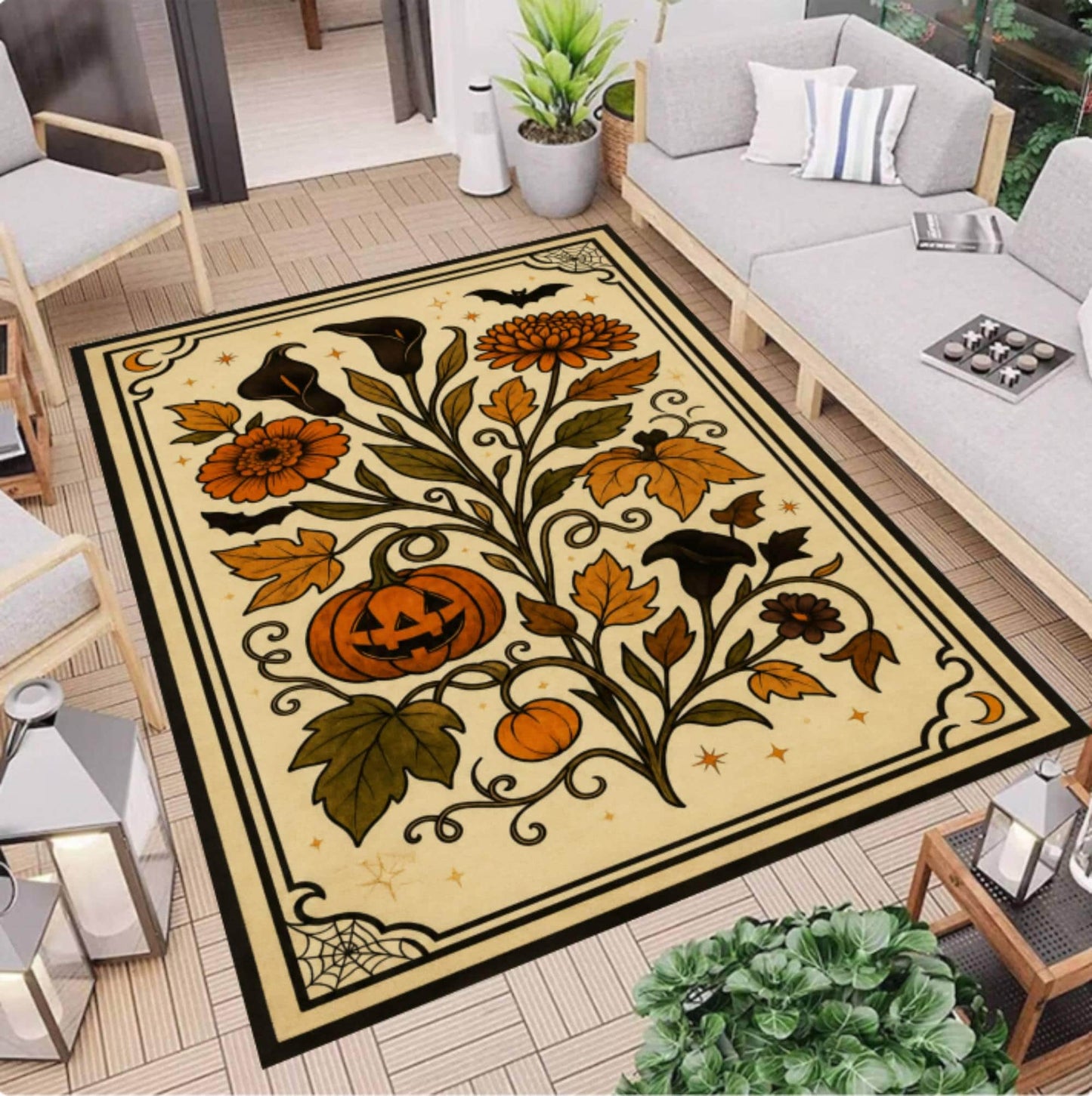 Halloween Pumpkin Rug Washable Non-slip Rug Gothic Floral Pattern Autumn
