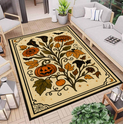 Halloween Pumpkin Rug Washable Non-slip Rug Gothic Floral Pattern Autumn