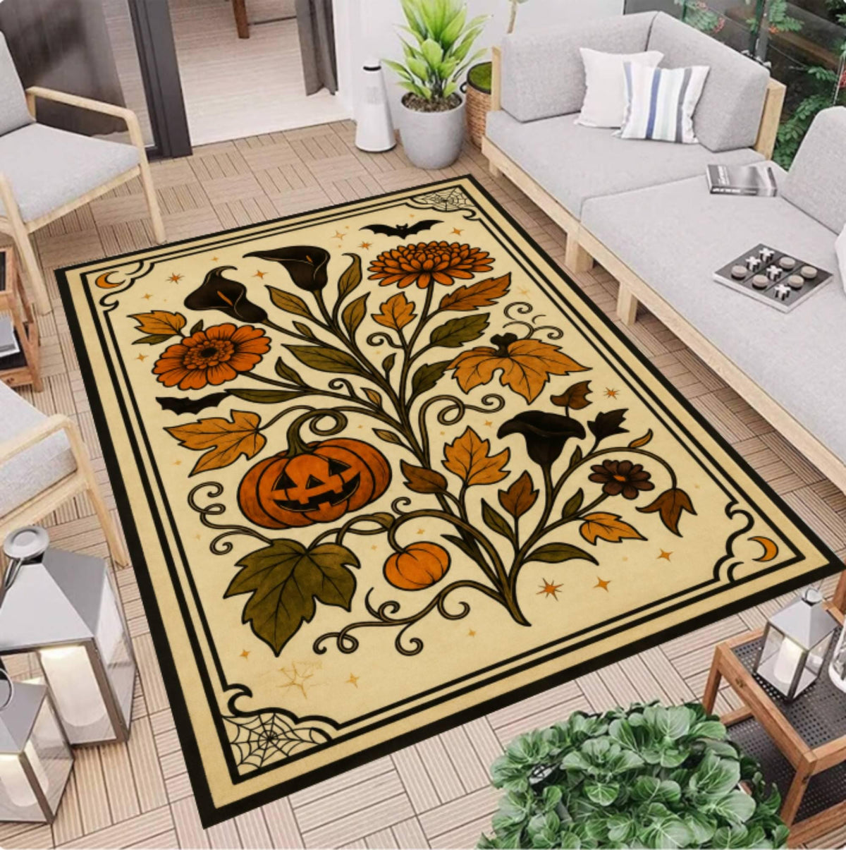 Gothic Floral Halloween Pumpkin Rug