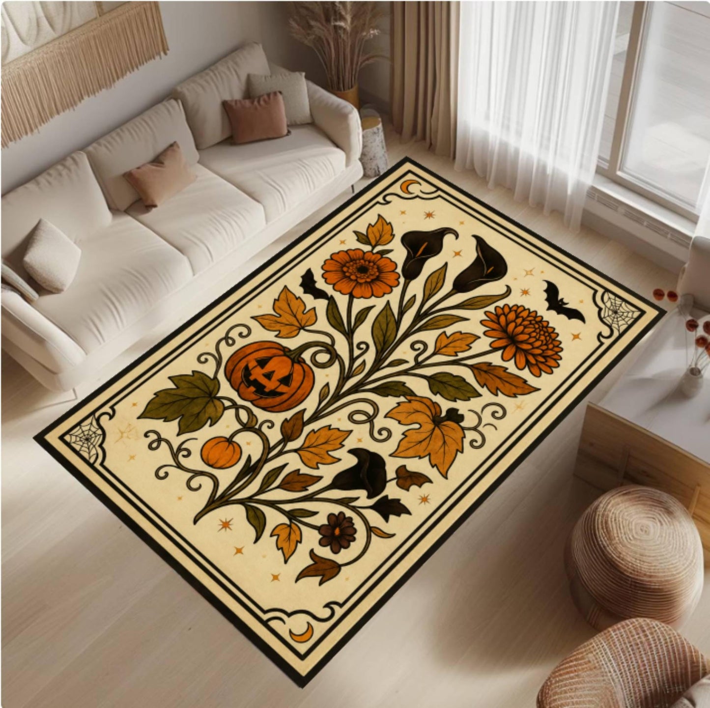 Halloween Pumpkin Rug Washable Non-slip Rug Gothic Floral Pattern Autumn