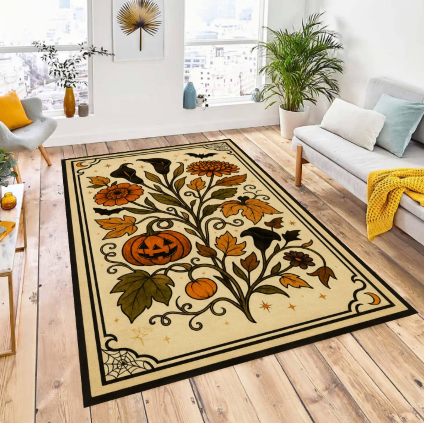 Halloween Pumpkin Rug Washable Non-slip Rug Gothic Floral Pattern Autumn