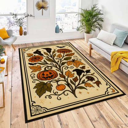 Halloween Pumpkin Rug Washable Non-slip Rug Gothic Floral Pattern Autumn