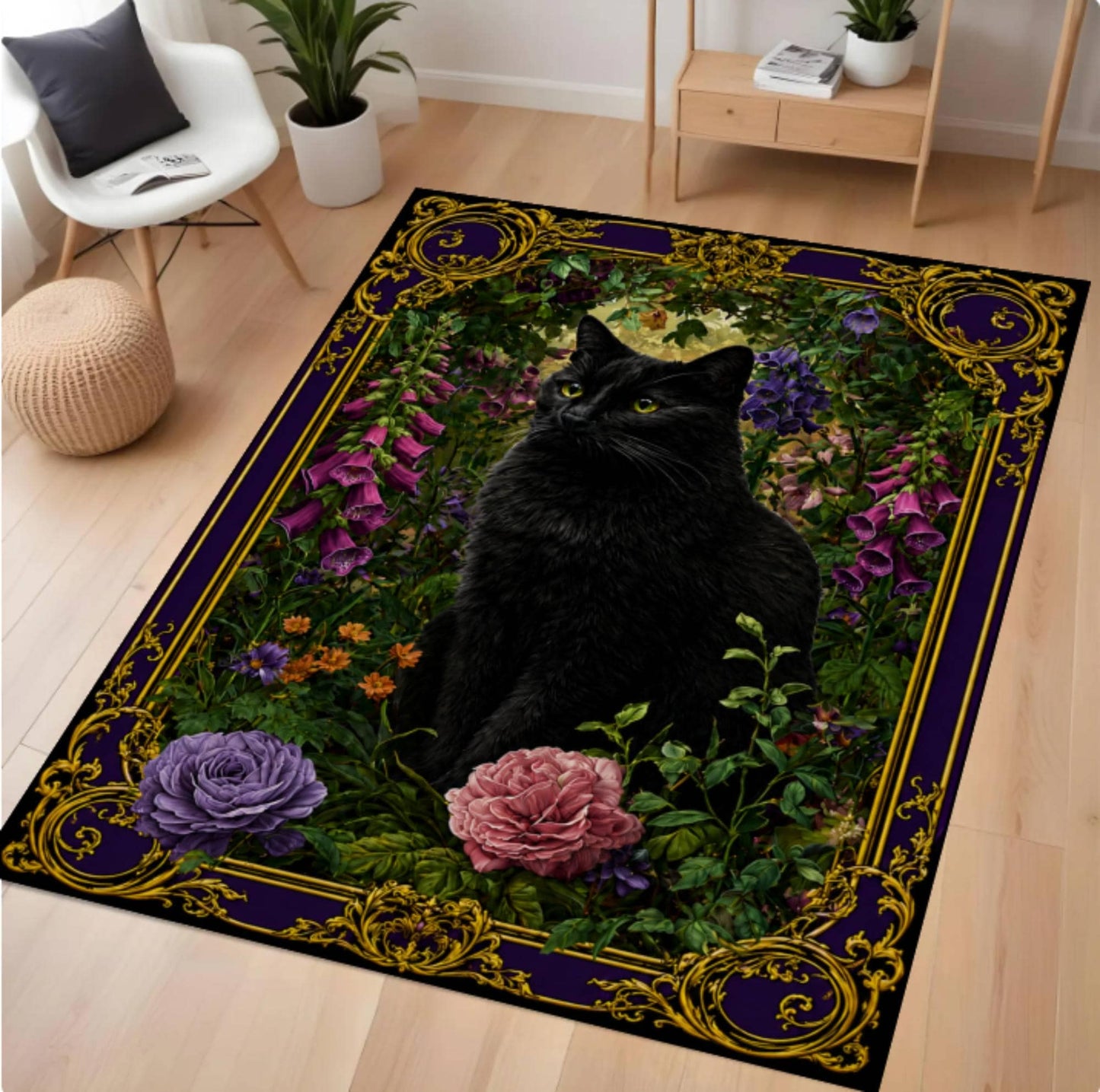 A rectangular area rug with a black cat surrounded by flowers and a decorative gold border, placed on a light wood floor in a modern living room setting.