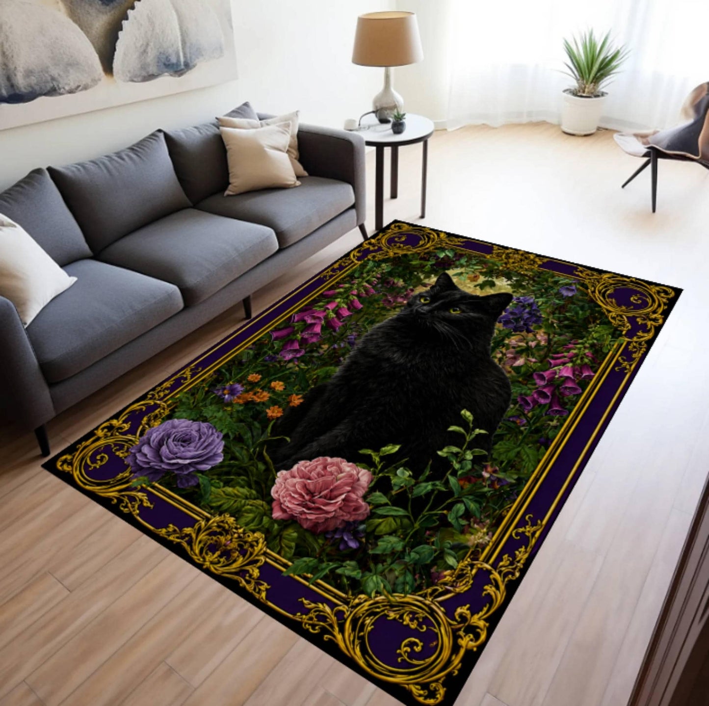 Halloween Rug with Black Cat Gothic Rug Washable Non-slip