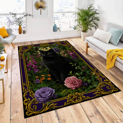 Halloween Rug with Black Cat Gothic Rug Washable Non-slip
