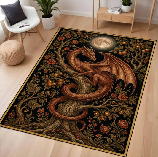 A rectangular area rug with a detailed fantasy design of a golden-brown dragon wrapped in a tree trunk under a full moon, styled in a modern living room setting.