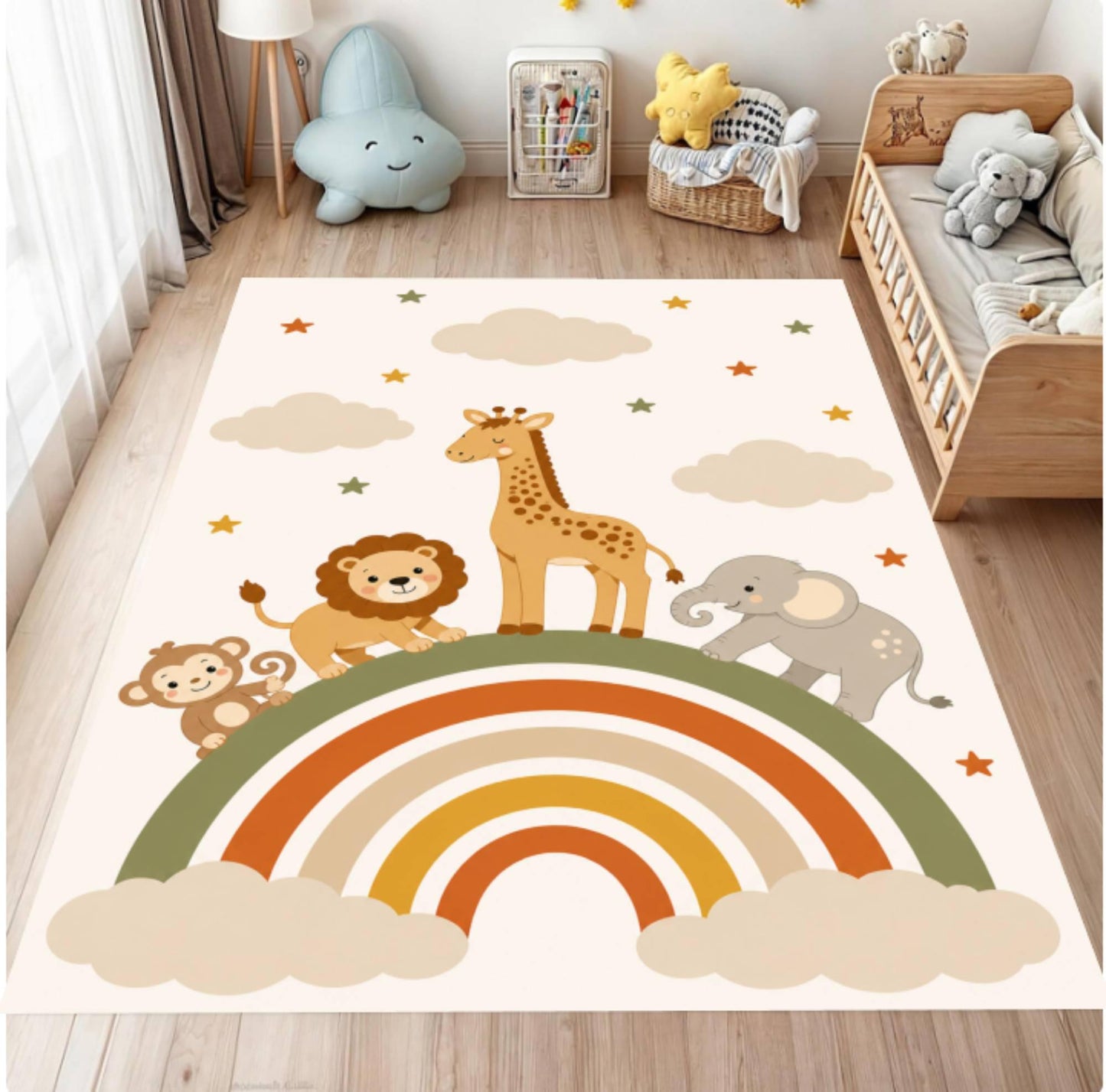 Safari Rainbow Animals Washable Nursery Rug