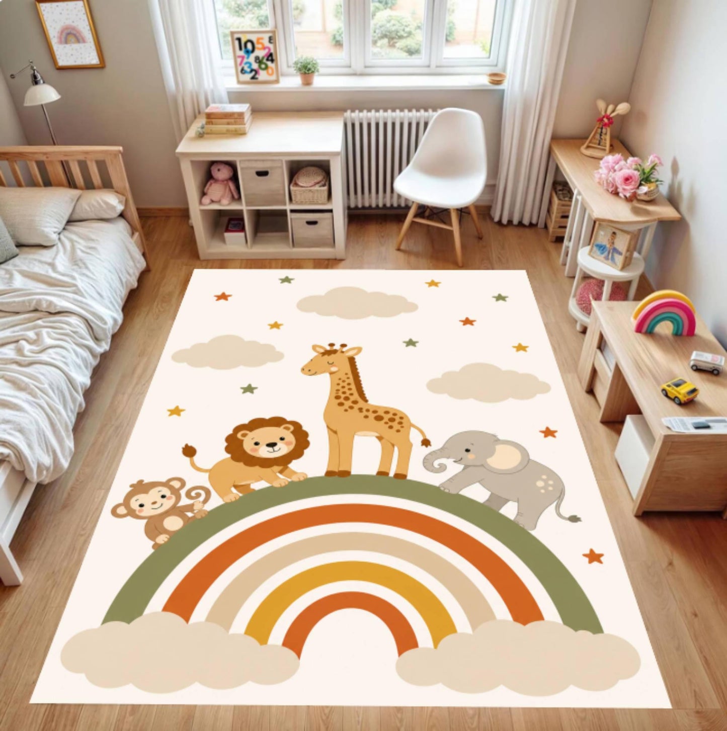 Safari Rainbow Animals Washable Nursery Rug